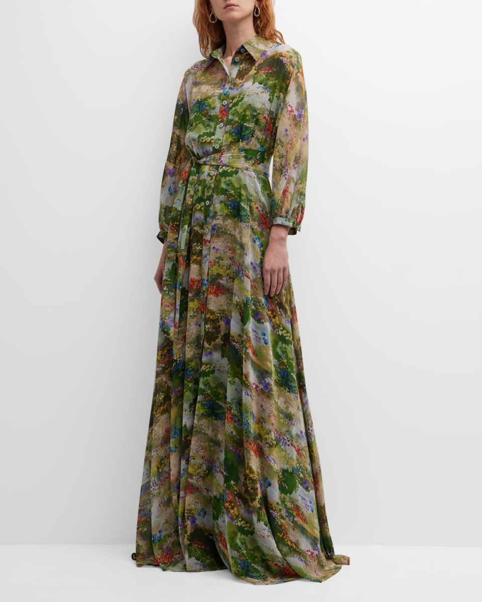 Floral-Print Crinkled Chiffon Shirt Gown